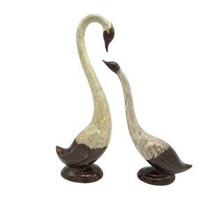 VTG MCM Brown Drip Glaze Ceramic Swan Figurines Set of 2 Japan Redware Birds